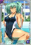  1girl breasts card_(medium) female green_eyes green_hair ikkitousen large_breasts looking_at_viewer one-piece_swimsuit ryofu_housen shiny_skin smile swimsuit twintails water 