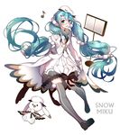 :3 absurdres akira_(ying) aqua_eyes aqua_hair bunny cape character_name full_body glasses hat hatsune_miku highres long_hair looking_at_viewer musical_note open_mouth sheet_music skirt snowflakes thighhighs twintails very_long_hair vocaloid yuki_miku yukine_(vocaloid) 