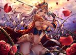  armor bangs blue_eyes breasts cape elbow_gloves eyebrows_visible_through_hair flower gloves helmet holding holding_weapon long_hair looking_at_viewer masami_chie medium_breasts midriff open_mouth original outdoors petals rose shoulder_armor solo sword thighhighs thorns weapon white_hair 