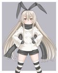  black_scarf blonde_hair border brown_eyes hair_ribbon hairband hands_on_hips highres jacket kantai_collection long_hair mittens outside_border ribbon scarf shimakaze_(kantai_collection) short_shorts shorts smile solo t2r thighhighs white_border 