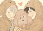  ^_^ animal_hood black_hair closed_eyes dog dog_hood heart hood hoodie hug jewelry katsuki_yuuri makkachin male_focus multiple_boys nita_(msre27) open_mouth ring silver_hair smile viktor_nikiforov yuri!!!_on_ice 