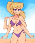  1girl beach bikini blonde_hair blue_eyes blue_sky breasts breasts_apart closed_mouth commentary cowboy_shot english_commentary extra_arms fangs hair_tie highres long_hair navel nelly_(xyronii) original purple_bikini side-tie_bikini_bottom sky solo standing swimsuit xyronii 