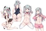  alternate_costume alternate_hairstyle aqua_eyes asa_(teng_zi) ass ass_visible_through_thighs back bad_id bad_pixiv_id bandaid bandaids_on_nipples bare_legs bare_shoulders barefoot bikini blush bow breasts cameltoe commentary_request cosplay cropped_legs demon_horns demon_tail eromanga_sensei feet frills from_behind full_body gloves groin hand_on_own_ass highres horns izumi_sagiri kneeling long_hair looking_at_viewer looking_back looking_to_the_side micro_bikini midriff multiple_views nape navel one-piece_swimsuit one-piece_thong pajamas partially_visible_vulva pasties pink_bikini pink_bow pout shorts silver_hair simple_background small_breasts smile standing stomach sweat sweatdrop swimsuit tail thighhighs twintails underboob v white_background 
