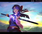  bad_id bad_pixiv_id bangs belt black_hair blue_eyes bow cardigan commentary_request flat_chest glowing glowing_sword glowing_weapon hair_bow holding holding_sword holding_weapon kuroboshi_mozuku long_hair looking_at_viewer open_cardigan open_clothes pleated_skirt red_bow rooftop scabbard school_uniform sheath skirt solo sunset sword touran-sai unsheathing weapon 