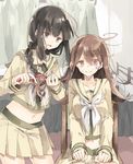  2girls black_hair braid breasts brown_hair brushing_another's_hair chair chibirisu closed_mouth commentary_request eyebrows_visible_through_hair furrowed_eyebrows hair_brushing highres indoors kantai_collection kitakami_(kantai_collection) long_hair medium_breasts midriff multiple_girls navel neckerchief ooi_(kantai_collection) open_mouth pleated_skirt red_hair remodel_(kantai_collection) school_uniform serafuku single_braid sitting skirt sweat translation_request twitter_username wavy_mouth white_neckwear 