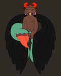  2017 angel anthro chimera demon feathered_wings feathers hair horn hybrid male mammal monster nude open_mouth reptile scalie scar simple_background smile tail_mouth teeth tongue tongue_out wings 