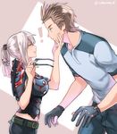  1girl aranea_highwind blue_eyes brown_hair casual eyewear_removed final_fantasy final_fantasy_xv glasses gloves green_eyes hand_on_another's_face ignis_scientia silver_hair spiked_hair warable 