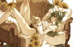  black_panties brown_eyes closed_mouth cosmic_(crownclowncosmic) couch expressionless eyelashes fingernails flower green_hair indoors juliet_sleeves kazami_yuuka leaf long_sleeves looking_away looking_up lying no_ascot no_pants no_vest panties pillow puffy_sleeves shirt short_hair sleeve_cuffs solo sunflower thighs touhou underwear white_shirt 