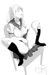  artist_name bangs blush breasts censored chair closed_eyes collarbone commentary covered_nipples dated eyebrows_visible_through_hair fingering full_body greyscale highres kneehighs knees_up large_breasts long_hair masturbation monochrome mosaic_censoring neckerchief one_side_up open_mouth original panties panties_around_one_leg pussy pussy_juice school_uniform serafuku short_sleeves sidelocks signature sitting solo spread_legs sweat tabata_hisayuki thighs underwear 
