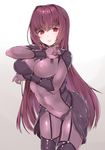  blush bodysuit breast_hold breasts covered_navel covered_nipples fate/grand_order fate_(series) gradient gradient_background hair_intakes large_breasts long_hair looking_at_viewer mitsudoue parted_lips purple_bodysuit purple_hair red_eyes scathach_(fate)_(all) scathach_(fate/grand_order) simple_background solo very_long_hair 