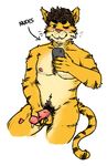  &lt;3 anthro balls blush brown_eyes brown_hair erection feline hair hotoshuken male mammal nude phone precum pubes simple_background solo tiger whiskers 