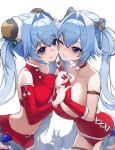  2girls absurdres bare_shoulders blue_eyes blue_hair breasts cheek-to-cheek cleavage closed_mouth cowboy_shot crop_top english_commentary gloves goddess_of_victory:_nikke gretel_(nikke) hair_ornament hansel_(nikke) heads_together highres hug interlocked_fingers large_breasts leotard long_hair multiple_girls navel one_eye_closed red_gloves red_leotard red_skirt sagle santa_costume santa_gloves siblings simple_background sisters skirt smile stomach thighs twintails very_long_hair white_background 