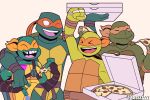  &gt;_&lt; 4boys ;d absurdres arm_on_another&#039;s_shoulder arm_up arm_wrap belt box brown_belt clenched_hand closed_eyes closed_mouth colored_skin commentary cowboy_shot eating elbow_pads english_commentary food freckles green_skin hand_up happy highres holding holding_box holding_food holding_pizza in-franchise_crossover looking_at_another martial_arts_belt mask michelangelo_(tmnt) multiple_boys multiple_persona natsz_(natszzzzz) ninja no_pupils one_eye_closed open_mouth orange_mask pizza pizza_box pizza_slice reptile_boy rise_of_the_teenage_mutant_ninja_turtles sharing_food shell simple_background smile teenage_mutant_ninja_turtles teenage_mutant_ninja_turtles_(2003) teenage_mutant_ninja_turtles_(2012) teenage_mutant_ninja_turtles_(80s) tooth_gap turtle turtle_boy turtle_shell twitter_username upper_body yellow_background 