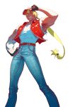  1boy a_tai absurdres adjusting_clothes adjusting_headwear baseball_cap blonde_hair blue_eyes denim fatal_fury fatal_fury_cap fingerless_gloves gloves hand_on_own_hip hat highres jeans long_hair low-tied_long_hair male_focus muscular one_eye_closed open_clothes open_vest pants ponytail shirt smile solo terry_bogard vest 