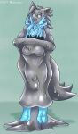 2024 anthro blue_hair canid canine canis covered_in_goo deer dripping duo empty_eyes female glistening glistening_body goo_creature grey_body grey_eyes grey_hair grey_tail hair hakuten hi_res hooves horn hug hugging_another hugging_from_behind liquid_metal male mammal monotone_body mouth_closed nude simple_background smile suspended_in_midair tail watermark wolf