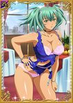  1girl bare_legs bra breasts card_(medium) curvy dress female green_eyes green_hair ikkitousen large_breasts looking_at_viewer panties ryofu_housen shiny_skin twintails underwear 