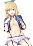  absurdres alzano_school_uniform ass_visible_through_thighs blonde_hair blue_eyes blue_gloves blush bow breasts cleavage commentary_request dutch_angle garter_straps gloves groin hair_between_eyes hair_bow hands_on_own_chest highres inanaki_shiki looking_at_viewer medium_breasts navel no_bra open_clothes open_mouth open_shirt raised_eyebrows rokudenashi_majutsu_koushi_to_akashic_record rumia_tingel school_uniform shirt short_hair single_glove skirt stomach thighhighs thighs underboob white_background 