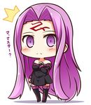  1girl blush boots chibi collar commentary_request dress elbow_gloves facial_mark fate/stay_night fate_(series) gloves long_hair purple_eyes purple_hair rider shachoo. sleeveless solo strapless strapless_dress surprised thigh_boots thighhighs translated very_long_hair 
