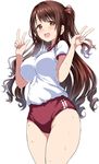  bangs breasts brown_eyes brown_hair buruma double_v gorua_(youce01) gym_uniform half_updo heavy_breathing idolmaster idolmaster_cinderella_girls large_breasts legs_together long_hair looking_at_viewer one_side_up open_mouth shimamura_uzuki shiny shiny_hair short_sleeves simple_background smile standing sweat thighs upper_teeth v white_background 