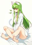  animal_ears annoyed bare_legs barefoot blush breasts buttons c.c. cat_ears cat_tail cleavage code_geass collared_shirt commentary_request creayus crossed_legs dress_shirt eyebrows_visible_through_hair full_body green_hair long_hair naked_shirt pout shiny shiny_hair shirt simple_background sitting sleeves_past_wrists small_breasts solo tail white_shirt yellow_eyes 