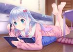  aqua_eyes bangs barefoot bedroom blouse blush bow closed_mouth collarbone commentary_request drawing eromanga_sensei eyebrows_visible_through_hair frills gradient_hair hair_bow holding indoors izumi_sagiri koko_(koko3) long_hair long_sleeves lying multicolored_hair on_stomach pajamas pink_blouse pink_bow pink_hair pink_shorts shorts silver_hair smile soles solo stylus tablet the_pose wooden_floor 