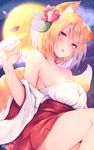  animal_ear_fluff animal_ears bare_legs bare_shoulders blonde_hair blush breasts chita_(ketchup) cleavage collarbone flower fox_ears fox_girl full_moon hair_flower hair_ornament hakama_skirt large_breasts looking_at_viewer moon night night_sky original outdoors parted_lips petals red_skirt skirt sky solo star_(sky) starry_sky wide_sleeves yellow_eyes 