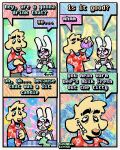 4_panel_comic aloha_shirt anthro bingus_(rawdawgcomics) bird_dog bow_tie canid canine canis cheek_spots clothing comic dialogue domestic_dog duo english_text floppy_ears fur golden_retriever grin half-closed_eyes hi_res humor hunting_dog knitting knitting_needle lagomorph leporid male mammal narrowed_eyes overalls pattern_clothing pattern_shirt pattern_topwear rabbit rawdawgcomics retriever shirt smile speech_bubble stahli_(rawdawgcomics) teeth text tooth_gap topwear white_body white_fur wide_eyed yellow_body yellow_fur