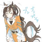  1girl animal_ears brown_hair closed_eyes commentary_request headpat highres horse_ears horse_girl horse_tail jacket long_hair long_sleeves multicolored_hair orange_jacket orange_skirt royal_hope_(the_royal_family) skirt sonabaija streaked_hair tail tail_wagging the_royal_family translation_request white_background white_hair 