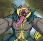 absurd_res animal_genitalia anthro avian bodily_fluids brom_(sahurus) duo european_mythology fangs fillinek forest forest_background fur genitals greek_mythology green_body green_fur grey_body grey_fur hi_res holding_teeth imminent_vore looking_at_viewer male male/male male_pred male_prey micro mouth_shot muscular muscular_male mythological_avian mythological_bird mythological_creature mythological_firebird mythology nature nature_background noia_(captainflavio) open_mouth phoenix pinned pinned_to_ground plant prey_in_mouth prey_pov saliva saliva_string sergal sheath size_difference small_prey tail tail_tuft teeth throat tongue tongue_out tree tuft wide_mouth yellow_body yellow_fur