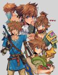  absurdres aqua_eyes armor arrow_(projectile) black_gloves blue_eyes blue_tunic brown_hair brown_pantyhose cosplay desert_voe_set_(zelda) earrings eating fingerless_gloves gerudo_set_(zelda) gloves grey_background grey_shirt highres holding holding_arrow holding_mushroom holding_skewer jewelry kingdom_hearts leaf_in_hair link link_(cosplay) male_focus mouth_veil multiple_views mushroom open_mouth own_hands_together pantyhose pointy_ears ponytail shirt short_hair short_ponytail shoulder_armor shuaitofu skewer snowquill_set_(zelda) sora_(kingdom_hearts) spiked_hair the_legend_of_zelda the_legend_of_zelda:_breath_of_the_wild tunic veil weapon weapon_on_back 