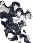  age_comparison closed_eyes commentary_request demon_slayer_uniform floating_hair full_body greyscale hand_in_another&#039;s_clothes hand_on_another&#039;s_head hand_on_another&#039;s_hip happy highres japanese_clothes kimetsu_no_yaiba kimono korean_commentary korean_text long_hair looking_at_another male_focus monochrome open_mouth sandals simple_background sketch sleeveless sleeveless_kimono socks teeth th62329 time_paradox tokitou_muichirou translation_request upper_teeth_only white_background wide_sleeves 