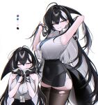  1girl adjusting_hair ahoge animal_ears armpits black_gloves black_hair black_skirt black_thighhighs breasts cetacean_tail colored_inner_hair commentary covered_navel english_commentary fins fish_tail gloves grin hair_between_eyes half_gloves haze_(7h4ze) highres holding holding_own_hair huge_breasts lanyard long_hair looking_at_viewer multicolored_hair multiple_views office_lady orca orca_girl original parted_lips photo-referenced shirt simple_background skirt sleeveless smile tail thighhighs torn_clothes torn_thighhighs very_long_hair white_background white_hair white_shirt 