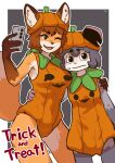 2025 absurd_res american_opossum anthro black_eyes breasts canid canine clothing color_fox costume duo female fingers fox front_view fur grey_hair hair halloween halloween_costume hand_on_arm hand_on_hip headgear headwear hi_res holidays mammal marsupial one_eye_closed orange_body orange_clothing orange_fur orange_headwear orange_topwear pink_tongue pumpkin_costume tongue topwear waist_grab