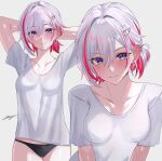  1girl absurdres black_panties blue_eyes blush breasts collarbone commentary_request earrings grey_background highres honkai:_star_rail honkai_(series) jewelry looking_at_viewer medium_breasts miya-chan_(lightning0730) multicolored_hair multiple_views paid_reward_available panties red_hair shirt short_hair simple_background smile topaz_(honkai:_star_rail) two-tone_hair underwear white_hair white_shirt 