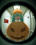  absurdres blush english_text halloween halloween_costume hatsune_miku highres looking_at_viewer pov_peephole pumpkin pumpkin_costume ryouko_c signature trick_or_treat vocaloid 