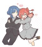  &gt;_&lt; 2girls alternate_costume arm_hug black_jacket blue_hair blush bocchi_the_rock! collared_jacket collared_shirt commentary crossdressing crossdressing_(ftm) crossed_arms double_arm_hug dress frilled_dress frills hair_ornament heart hug jacket jumping kita_ikuyo leaning_back leg_up long_hair mole mole_under_eye multiple_girls mydandeliongirl one_side_up open_mouth red_hair shirt short_hair side_ponytail smile symbol-only_commentary white_dress yamada_ryo yellow_eyes 