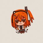  1girl :3 a.i._voice adachi_rei black_shirt cable chibi chibi_only closed_mouth full_body grey_shorts headset jacket long_sleeves looking_at_viewer nasi_(na_si) one_side_up open_clothes open_jacket orange_eyes orange_hair shirt shorts simple_background solo utau white_jacket 