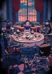  1girl alice_(megami_tensei) blonde_hair blue_dress blurry_edges chair child commentary_request couch demon_(megami_tensei) dress edoya_inuhachi hairband indoors long_hair puffy_sleeves ribbon shin_megami_tensei skeleton smile solo tablecloth teapot vignetting 