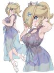  1girl adapted_costume armpits bare_shoulders blonde_hair blue_dress blue_eyes blue_gemstone blush bra breasts brooch cleavage closed_mouth crown dress earrings gem gem_hair_ornament gradient_clothes gradient_dress hair_over_one_eye highres jewelry large_breasts long_hair looking_at_viewer looking_back mario_(series) mario_kart mario_kart_tour mario_kart_world navel panties ponytail rosalina rosalina_(aurora) see-through_clothes see-through_dress simple_background sleeveless sleeveless_dress smile star_(symbol) star_earrings toggy_keiichi underwear white_background white_bra white_panties 