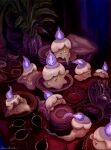  blue_fire candle closed_eyes closed_mouth cup fire gyura litwick looking_at_viewer melting no_humans open_mouth plant plate pokemon pokemon_(creature) pokemon_focus potted_plant purple_fire smile spoon waving yellow_eyes 