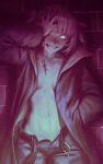  1girl absurdres belt blood blood_on_face blue_eyes blunt_bangs braid braided_hair_rings breasts brick_wall coat commentary english_commentary fangs glowing glowing_eyes grin hair_rings hand_in_pocket hand_on_own_face hand_on_own_head hand_over_eye highres looking_at_viewer medium_breasts naked_coat nanakusa_nazuna_(yofukashi_no_uta) navel numanoan one_eye_closed open_belt open_clothes open_fly pants partially_unzipped ringed_eyes sidelocks small_breasts smile solo standing stomach toned toned_female vampire yofukashi_no_uta 