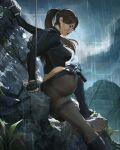  1girl absurdres alternate_costume black_boots black_gloves black_shirt boots breasts brown_hair brown_pants clip_studio_paint_(medium) dalejomej fingerless_gloves gloves grey_sky highres lara_croft long_hair medium_breasts outdoors pants ponytail rain shirt signature sky solo tomb_raider 