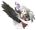  &gt;:) 1boy :3 alternate_costume animal_ears arm_belt arm_up armpits black_wings blush_stickers chibi chibi_only detached_sleeves feathered_wings final_fantasy final_fantasy_vii fire fox_boy fox_ears fox_tail full_body geta green_eyes grey_hair hair_intakes hakama hakama_pants hattouissenbaka holding holding_sword holding_weapon japanese_clothes kitsune long_hair magic male_focus masamune_(ff7) multiple_tails panties pants parted_bangs pectorals pyrokinesis red_pants sephiroth side-tie_panties side_slit single_wing solo sword tabi tail translation_request underwear v-shaped_eyebrows very_long_hair weapon white_background wide_sleeves wings 