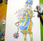  1girl agahari art_brush art_tools_in_frame blood blood_on_weapon blue_hat blue_tabard bodysuit boots braid chain commentary_request cross dragon_quest dragon_quest_iii earrings feet_out_of_frame flail gloves hand_on_own_cheek hand_on_own_face hat holding_flail jewelry long_hair mitre open_mouth orange_bodysuit paintbrush painting_(medium) photo_(medium) priest_(dq3) red_eyes side_braid single_braid solo standing tabard traditional_media weapon white_hair yellow_boots yellow_gloves 