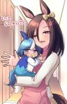  2girls admire_groove_(umamusume) air_groove_(umamusume) alternate_costume animal_ears baby blue_hair brown_hair carrying carrying_baby carrying_person commentary_request ear_covers ear_ornament highres horse_ears horse_girl long_sleeves looking_at_viewer medium_hair mother_and_daughter multicolored_hair multiple_girls pacifier purple_eyes remao translation_request umamusume waving white_hair 