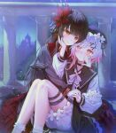  2girls absurdres beret black_dress black_hat black_sailor_collar bloomers blue_sky blush bow bowtie castle dress flower gloves gradient_hair grey_hair hair_flower hair_ornament hand_on_another&#039;s_cheek hand_on_another&#039;s_face hat highres holding_hands knees_up layered_skirt long_hair long_sleeves looking_at_another mahou_shoujo_no_majo_saiban multicolored_hair multiple_girls nikaido_hiro outdoors pink_eyes pink_hair railing red_eyes red_flower red_sailor_collar sailor_collar sakuraba_ema shirt short_hair sitting sitting_on_lap sitting_on_person skirt sky smile socks white_bow white_bowtie white_flower white_gloves white_shirt white_socks x_hair_ornament yuri yuye 