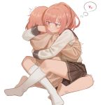  2girls :t amaori_haruna amaori_renako barefoot commentary_request heart hood hoodie hug incest kneehighs leg_lock milktea_(gggrrr2000) multiple_girls no_shoes pink_hair ponytail purple_eyes sailor_collar school_uniform serafuku shirt short_hair siblings simple_background sisters skirt socks speech_bubble spoken_heart straddling thought_bubble trembling upright_straddle watashi_ga_koibito_ni_nareru_wake_naijan_murimuri! white_background white_shirt white_socks yuri 