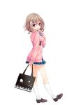  1girl bag black_bag blue_bow blue_bowtie blue_skirt bow bowtie brown_hair brown_shoes cardigan full_body girlfriend_(kari) hair_ornament holding holding_bag kazemachi_haruka kneehighs loafers looking_at_viewer looking_back miniskirt official_art open_mouth pink_cardigan plaid_clothes plaid_skirt pleated_skirt purple_eyes qp:flapper rabbit_hair_ornament school_uniform shoes simple_background skirt smile socks solo standing thighs transparent_background treble_clef white_socks 