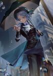  1girl absurdres ascot black_coat black_hat black_pants black_umbrella black_vest blue_bow boater_hat bow building coat collared_shirt cowboy_shot grey_hair hair_bun hand_up hands_up hat hat_bow highres holding holding_umbrella looking_to_the_side manmandi pants parted_lips purple_eyes reverse:1999 shirt short_hair single_side_bun solo suitcase turning_head umbrella vertin_(reverse:1999) vest waistcoat water_drop white_ascot white_shirt 
