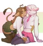 5_fingers anthro bedroom_eyes bell bell_collar blue_eyes blue_fingernails blue_nails bottomwear brown_hair brown_tail_tip chastity_cage chastity_device cheek_tuft clothed clothing collar collared_shirt colored_nails crop_top crossdressing dipstick_tail dress_shirt duo ear_markings facial_tuft felid femboy fingernails fingers fur genitals gradient_background green_bottomwear green_clothing green_eyes green_necktie green_plaid green_skirt hair hi_res kiro-kat_(character) kyra_(cadray) legwear lion long_hair looking_at_another looking_at_viewer male mammal markings meheheehehe metal_chastity_cage midriff miniskirt multicolored_hair nails narrowed_eyes navel neck_tuft necktie nub_chastity_cage pantherine pattern_bottomwear pattern_clothing pattern_necktie pattern_skirt pink_bottomwear pink_clothing pink_collar pink_hair pink_necktie pink_nose pink_plaid pink_skirt plaid plaid_bottomwear plaid_clothing plaid_necktie plaid_skirt raised_tail seductive shirt simple_background skirt stockings tail tail_markings tail_tuft tan_body tan_fur topwear tuft two_tone_hair white_background white_body white_clothing white_crop_top white_dress_shirt white_fur white_hair white_topwear